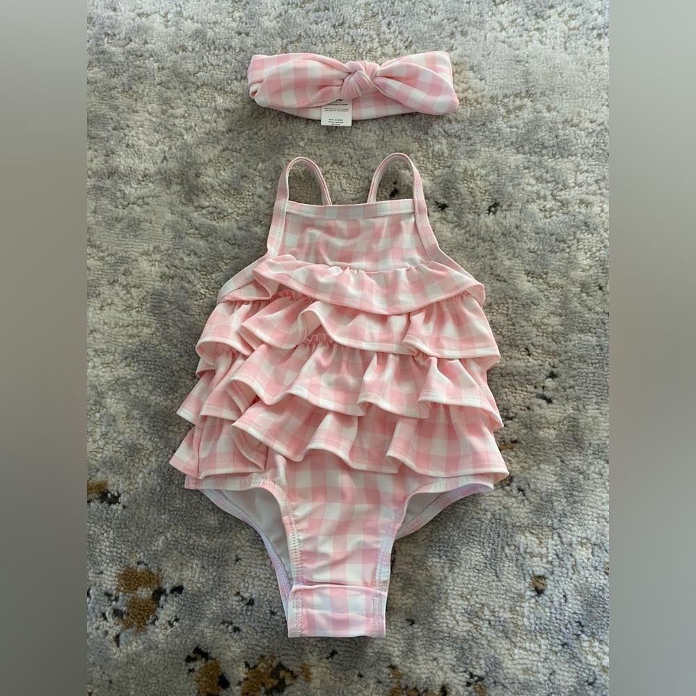 Mudpie Baby Girl Pink White Ruffle Ruffle Swimsuit Size 3-6M